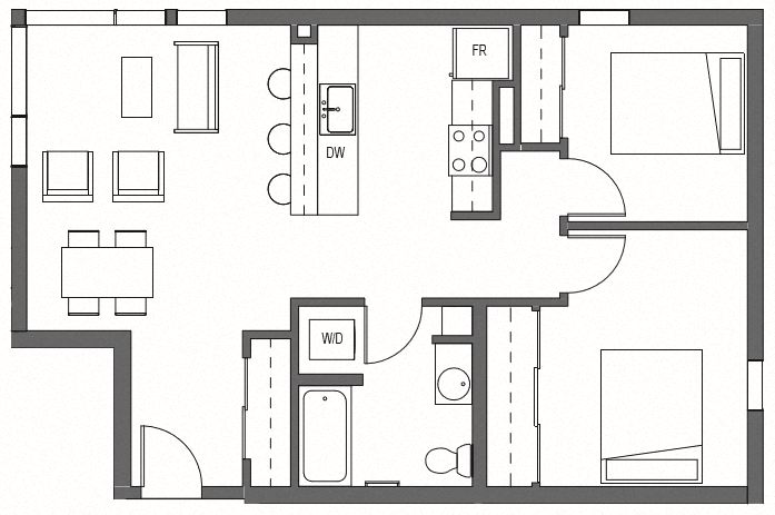 Floor plan for 2 beds, 1 bath, 856 sqft